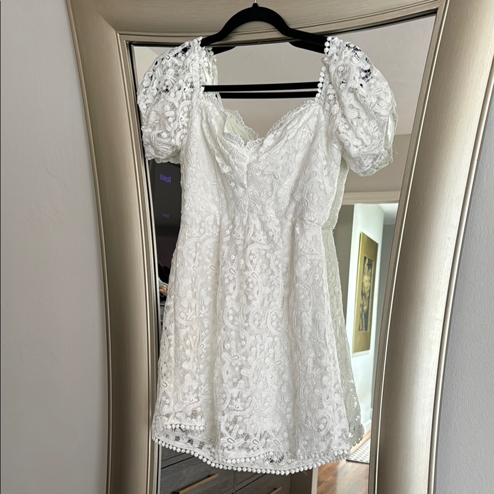 Stylish White Lace Dress with Puff Sleeves